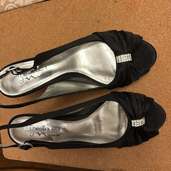 Beautiful satin open toe heels with rhinestone accent. - Picture 7 of 8